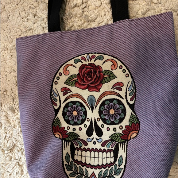 French Candy Skull Emmanuel Creation L’atelier Colorful Woven Tote Bag Red Blue - Picture 10 of 11